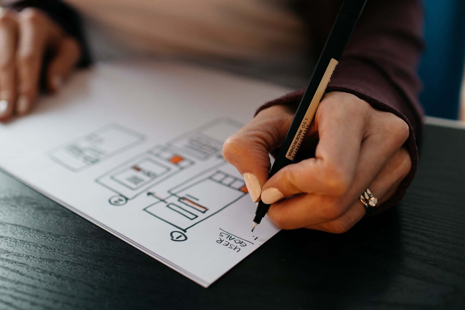 A person writes notes and draws diagrams on a piece of paper with a black pen, planning a user flow or Web Design layout.