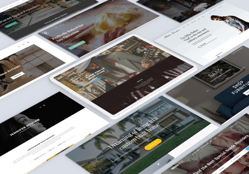A top-down view of several overlapping website homepages displayed on digital screens, showcasing diverse designs, photos, and layouts.