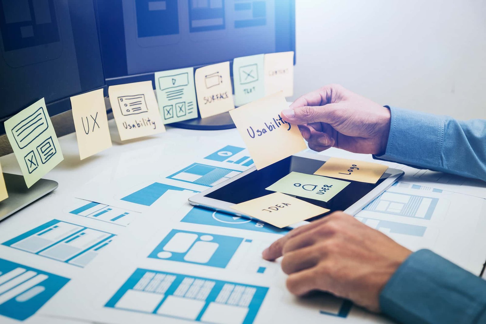 A person arranges sticky notes labeled with UX, usability, and Web Accessibility terms on a desk with a tablet, printed wireframes, and two monitors in the background.