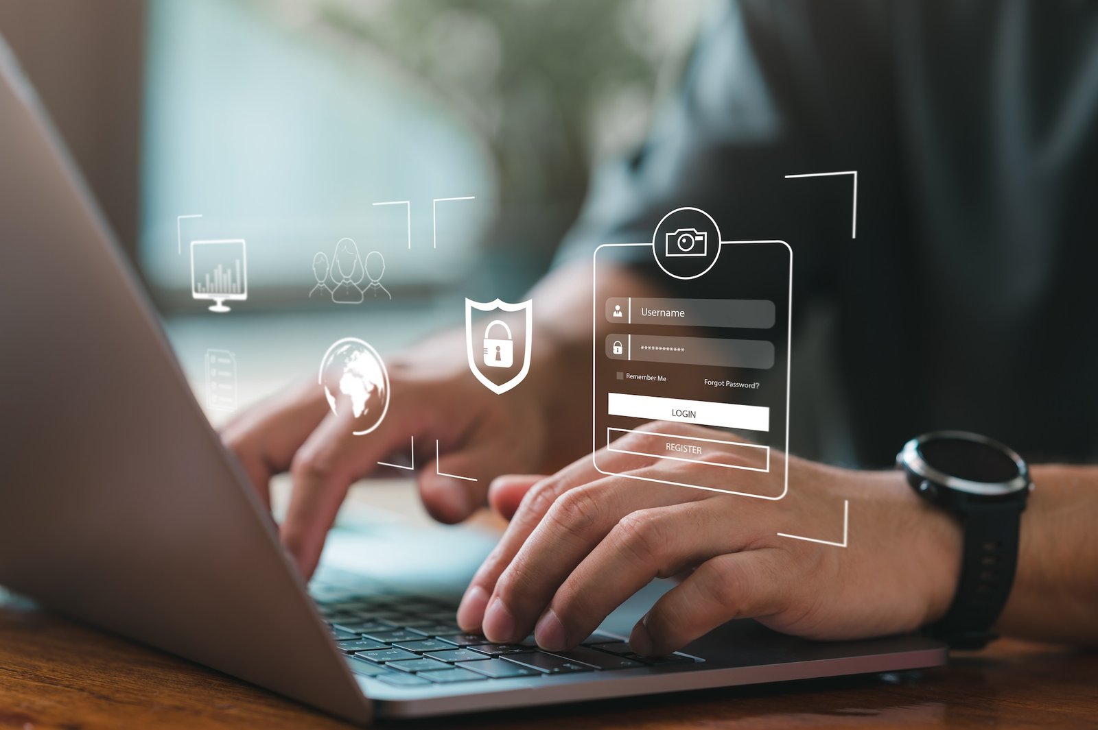 Person typing on a laptop with digital login and security icons overlaid, representing cybersecurity or secure online access for health and wellness platforms.
