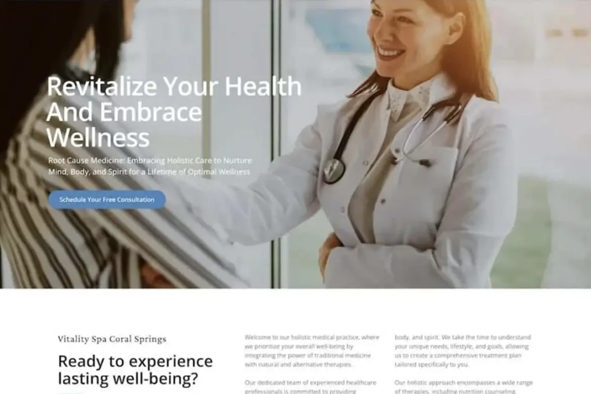 A female doctor in a white coat smiles and shakes hands with a patient in a medical office, with text on the left showcasing her portfolio of health and wellness services.