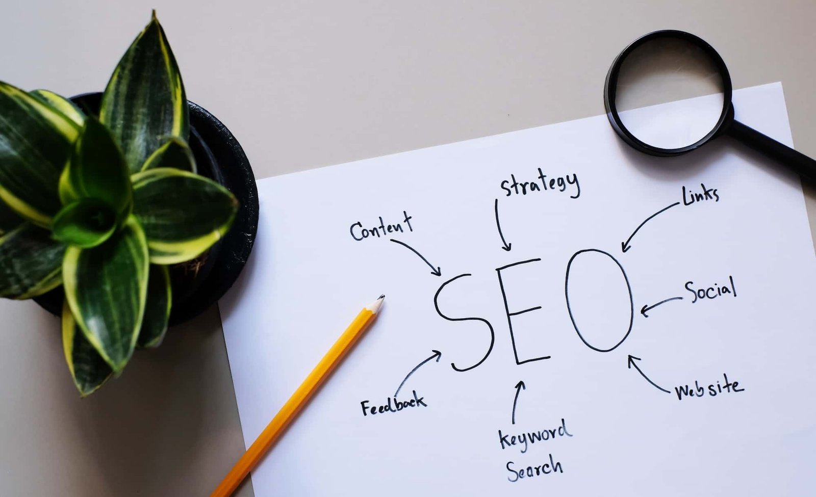 A sheet of paper with "SEO" and "Local SEO" in the center, related terms branching out, next to a pencil, magnifying glass, and potted plant on a table.