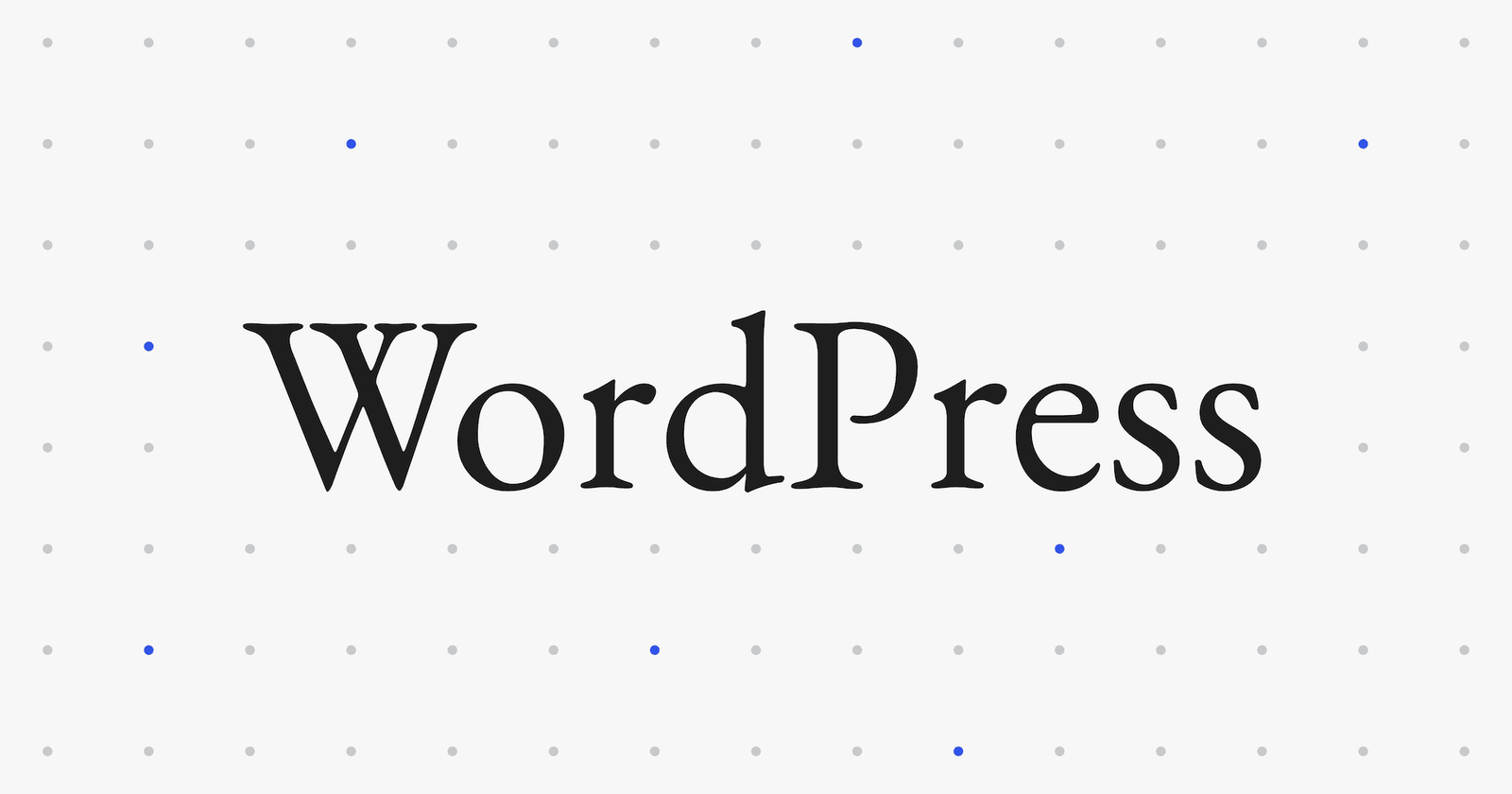 The image displays the WordPress logo in black text on a white background with a pattern of gray and blue dots.