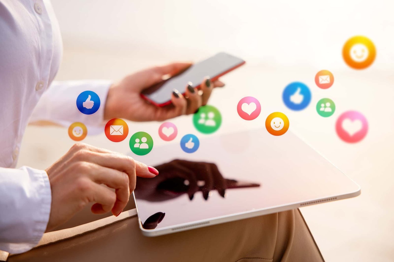 A person uses a tablet and holds a smartphone, with colorful social media icons appearing above the devices.