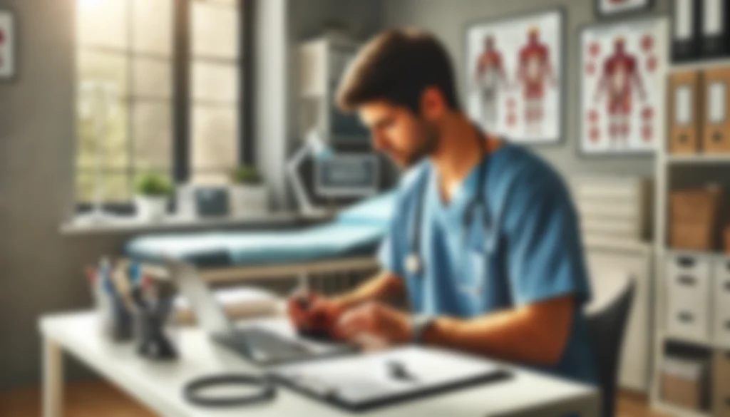 A person in medical scrubs works at a desk with a laptop and clipboard in a doctor's office, with anatomical posters on the walls.