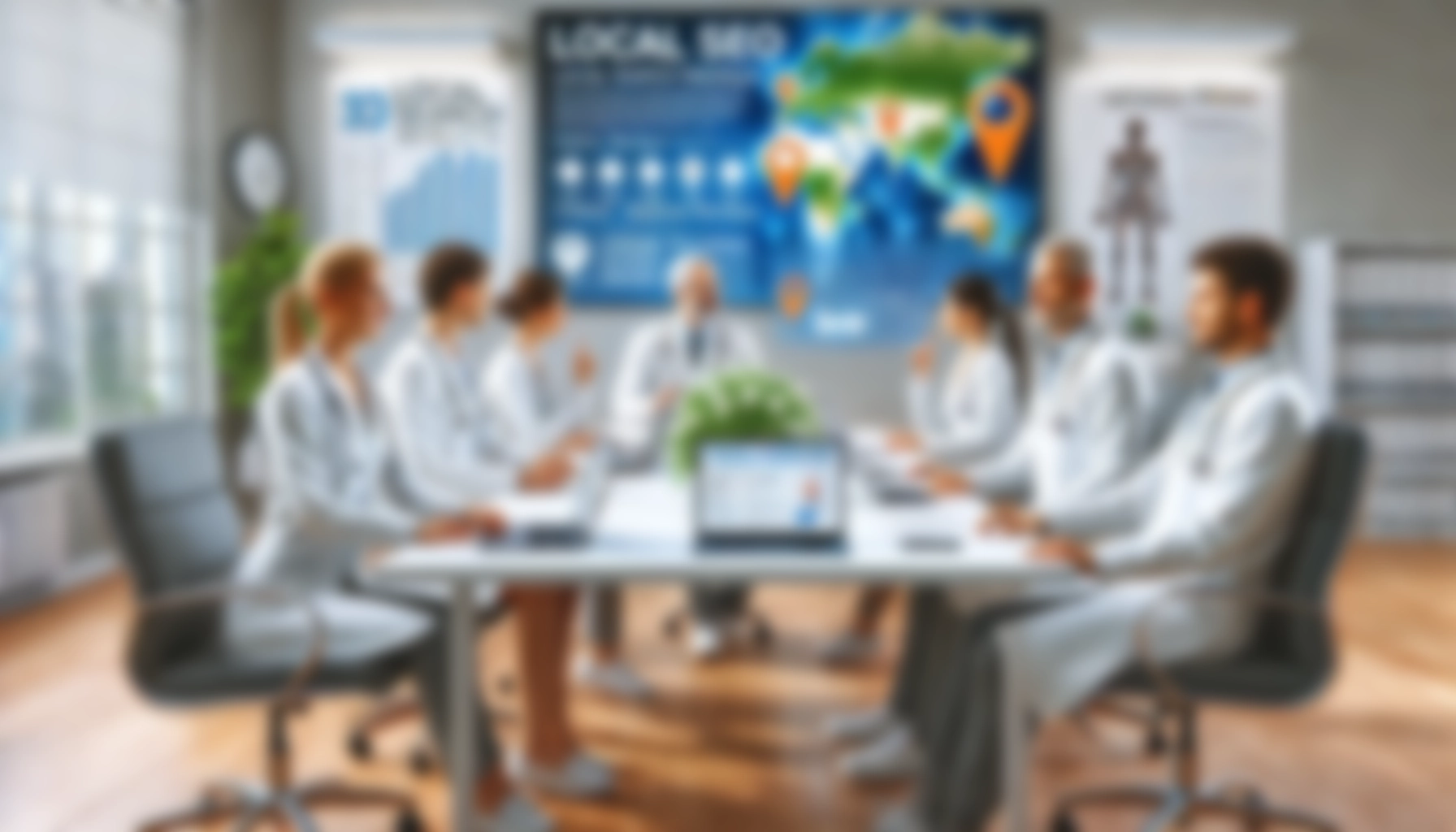 A group of professionals in white coats sit around a table in a modern office, viewing a large digital display with data charts, a world map, and local SEO analytics.