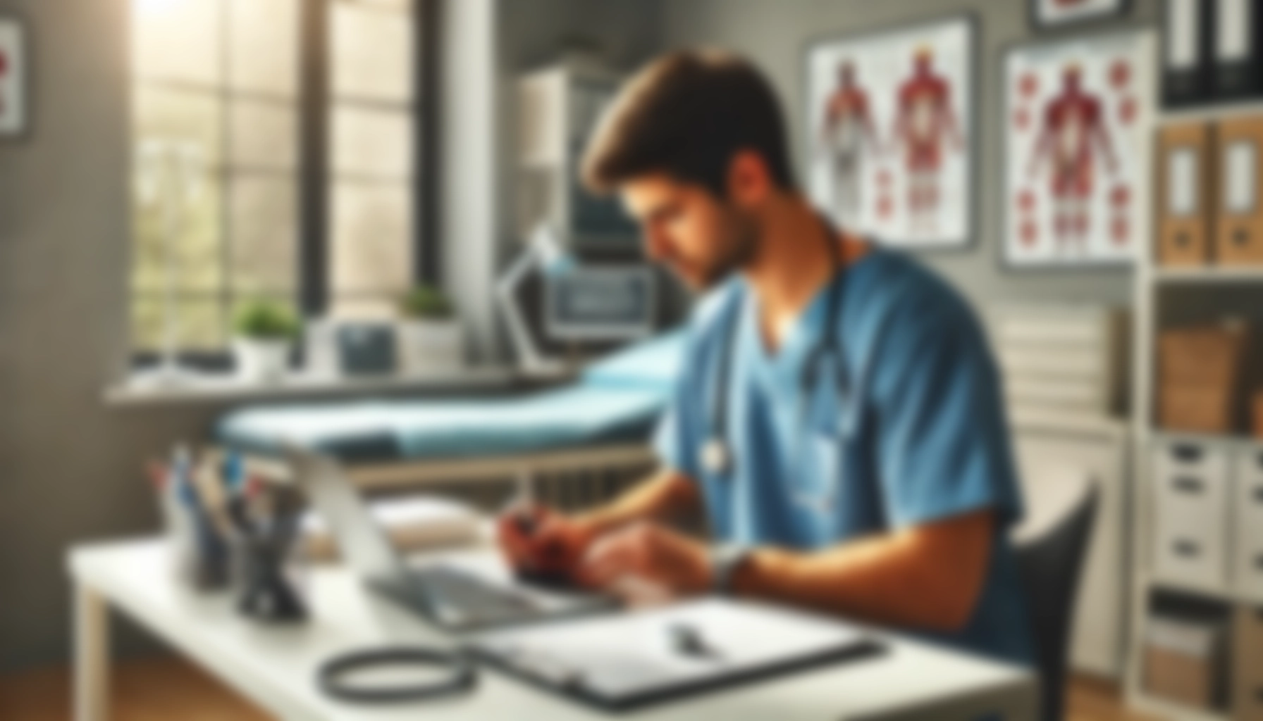 A person in medical scrubs works at a desk with a laptop and clipboard in a doctor's office, with anatomical posters on the walls.