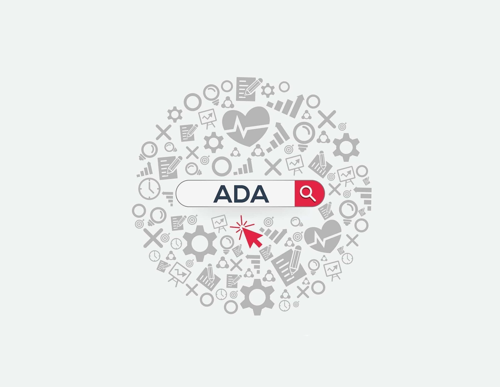 A search bar with "ADA" typed in, a red magnifying glass icon, and various healthcare symbols surrounding the circle, highlighting the importance of ADA Compliance in healthcare searches.
