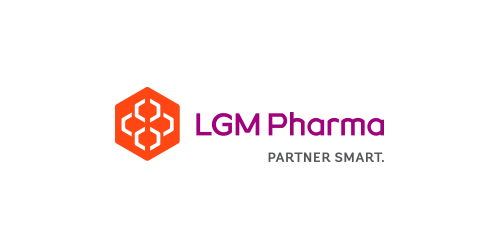 LGM Pharma logo featuring an orange hexagon with a molecule design on the left and the text "LGM Pharma" in purple on the right, ideal for enhancing SEO in web design.