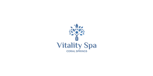 Logo with a blue lotus flower above the words “Vitality Spa” in blue text.