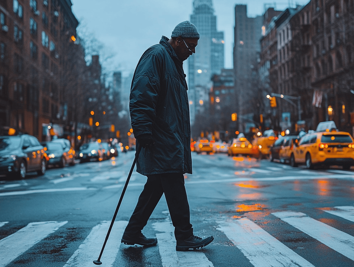 An older man wearing a coat, hat, and glasses walks with a cane across an accessible city street at dusk, with cars and taxis in the background.
