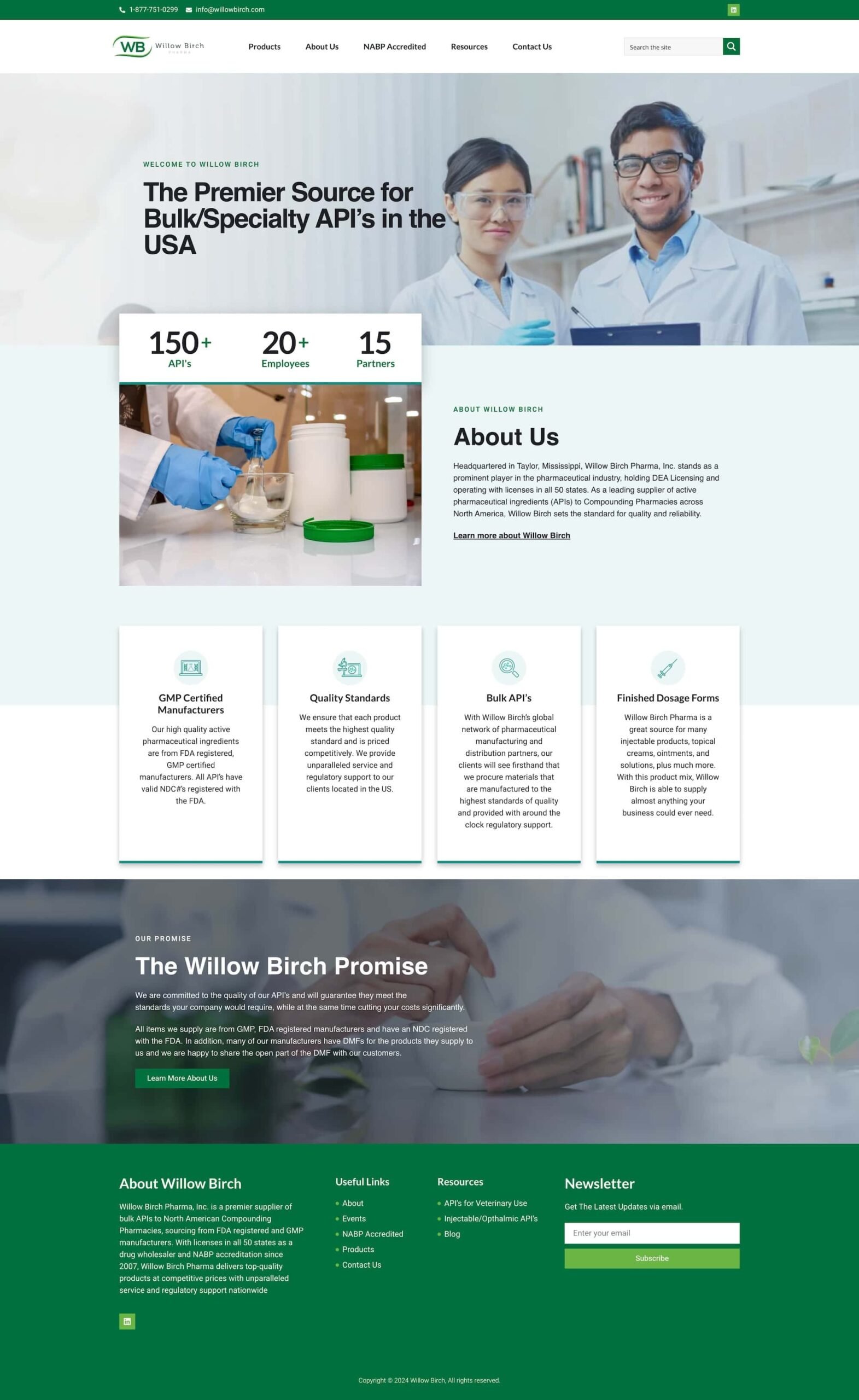 Explore the Willow Birch Pharma webpage, where a portfolio of offerings and values is showcased. Discover company details with insights from two experts in lab coats, along with links for further exploration.