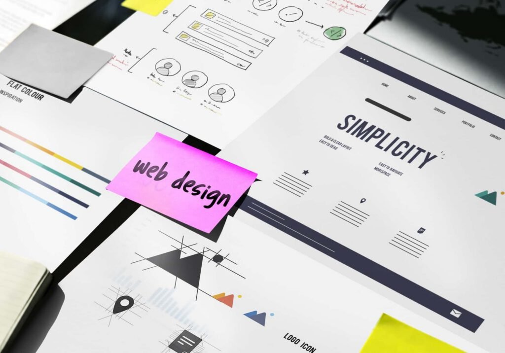 Web design materials on a desk, including color swatches, wireframes, layout sketches, and a webpage mockup titled "Simplicity," with a pink sticky note labeled "web design.