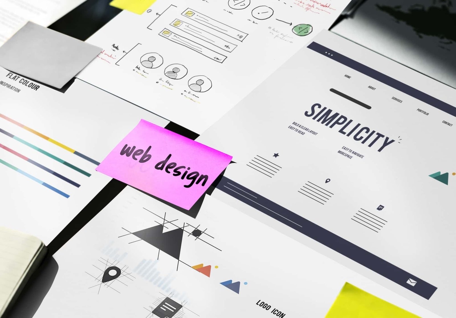 Web design materials on a desk, including color swatches, wireframes, layout sketches, and a webpage mockup titled "Simplicity," with a pink sticky note labeled "web design.