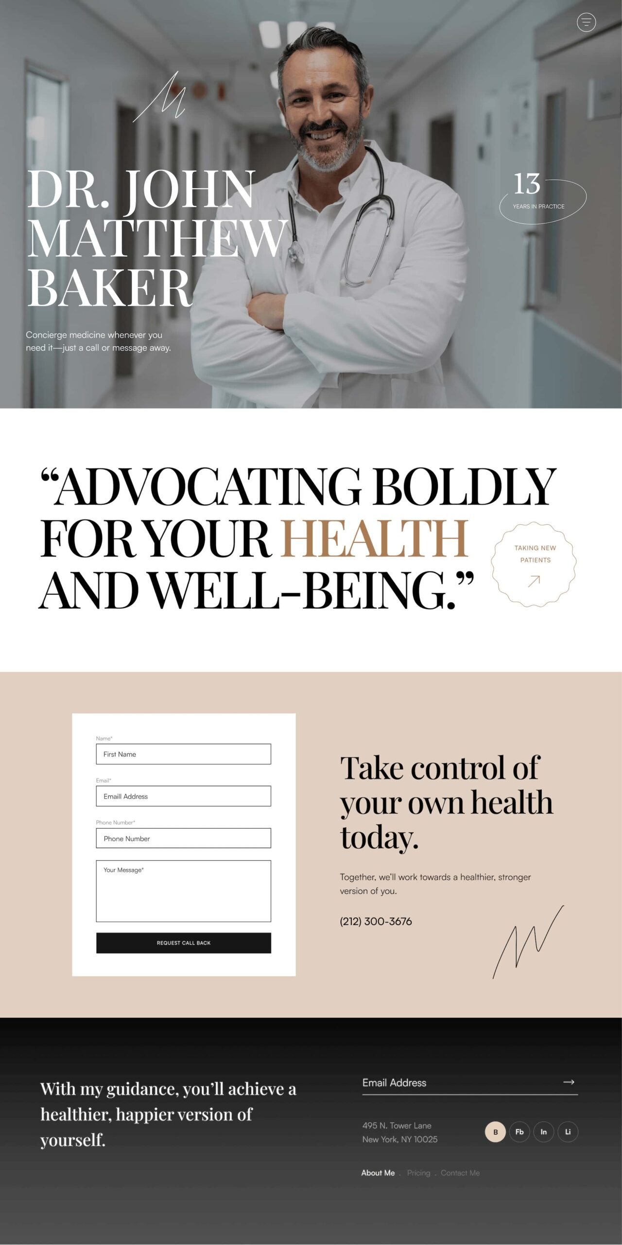 Smiling doctor with stethoscope, text overlay reads "Dr. John Matthew Baker." Below, there's a health advocacy quote, a contact form for health services, and a nod to modern medical website design ensuring optimal SEO.