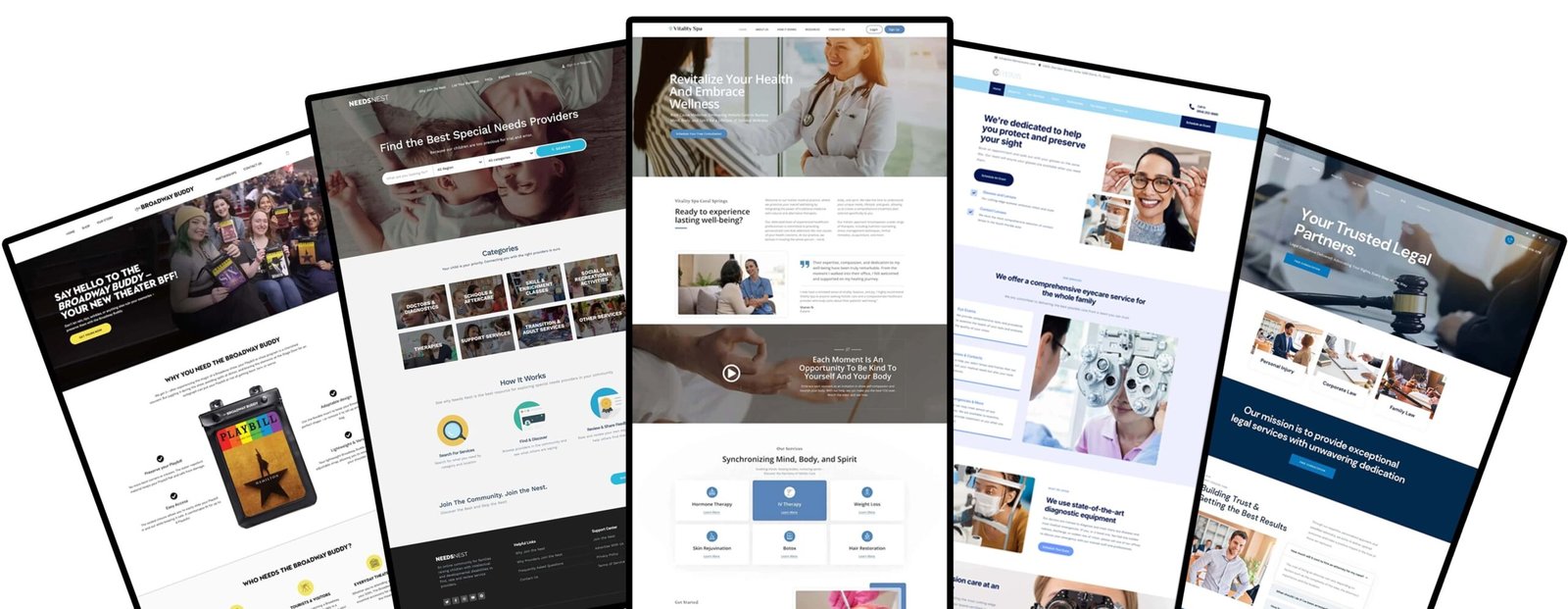 A collage of five diverse website homepage designs, expertly showcasing different layouts and design elements, likely for various professional services. This visual celebration highlights the art of web design with a nod to SEO strategies that enhance online visibility.