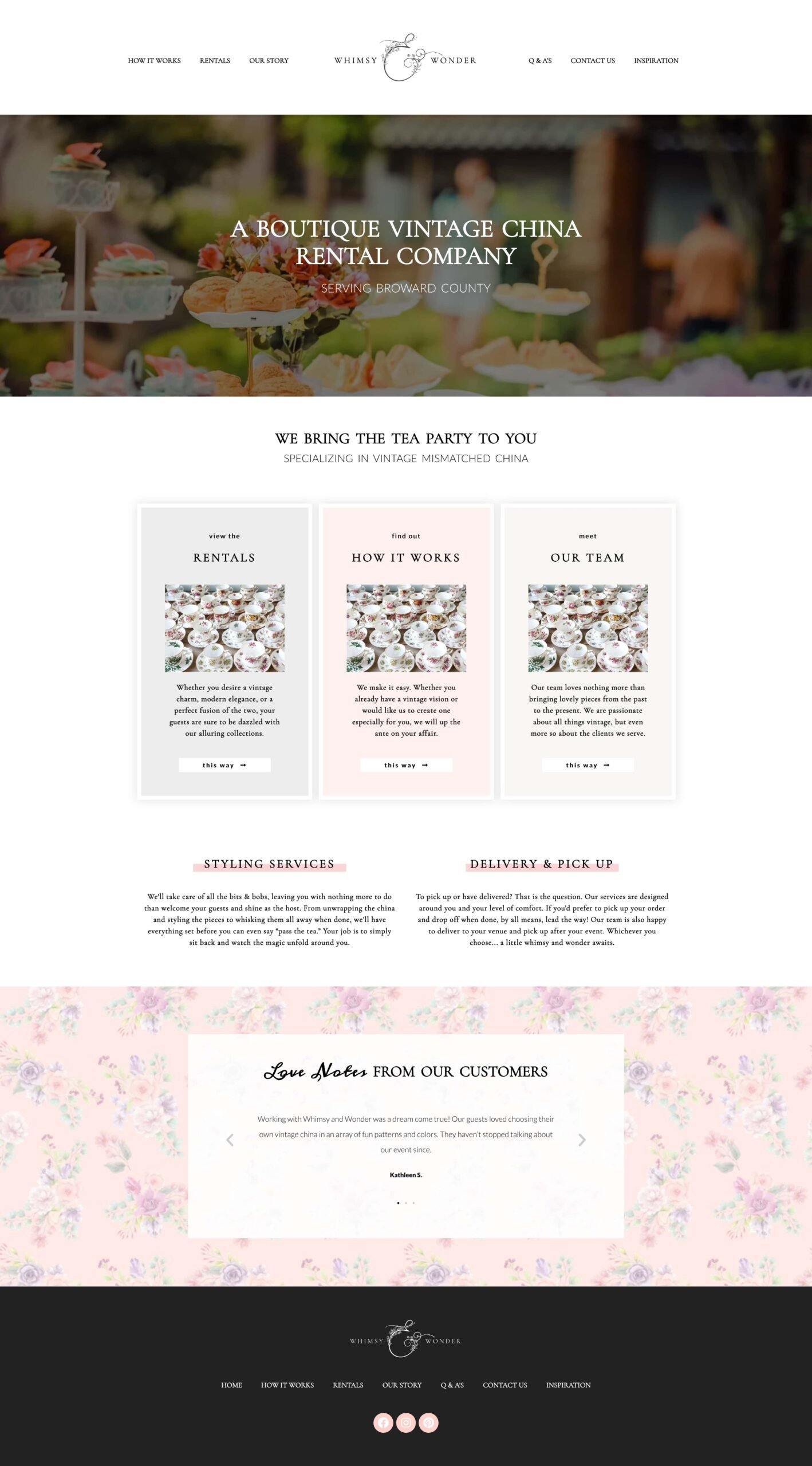 Explore our boutique vintage china rental website, showcasing a stunning portfolio that highlights sections on rentals, process, team, services, and heartwarming customer love notes—all wrapped in a charming floral and pastel theme.