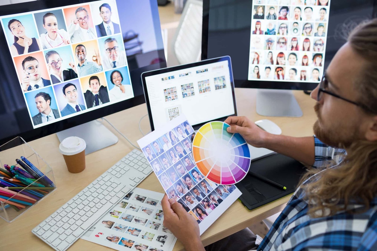 Person at a desk reviews a color wheel and sheet of portrait photos, with two computer monitors displaying multiple headshots in a grid format.