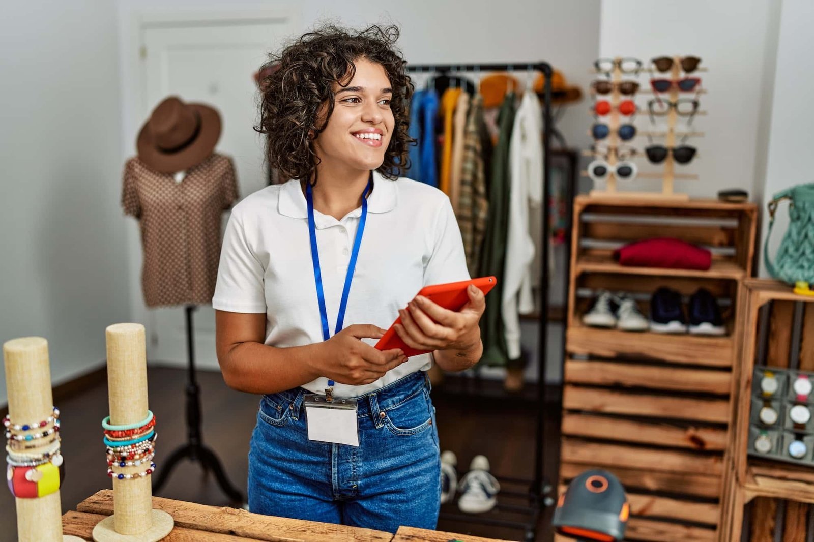 A woman wearing a white shirt and name badge stands in a store, holding a tablet, with shelves of accessories, clothes, and shoes in the background.