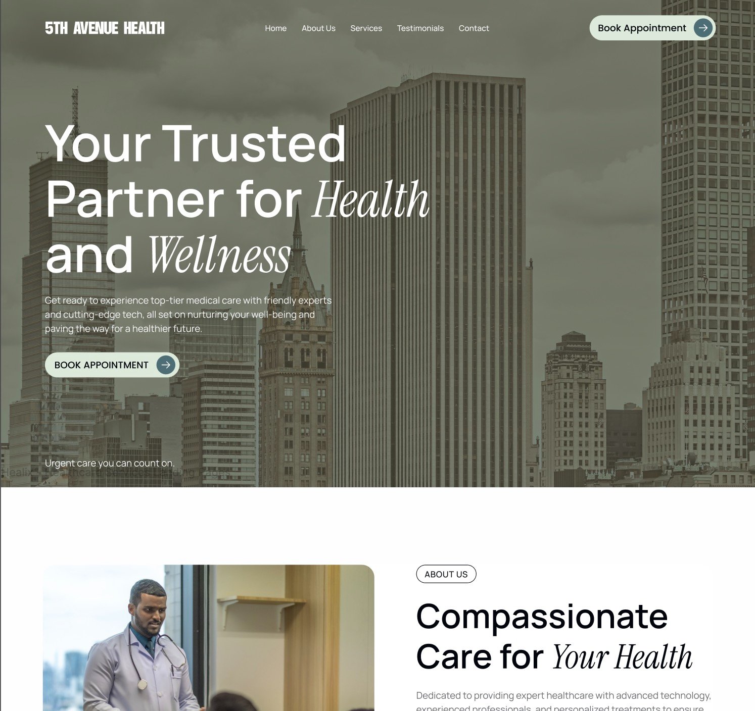 Portfolio A portfolio-style medical clinic website homepage with skyscrapers in the background, promoting health and wellness services; includes buttons to book appointments.