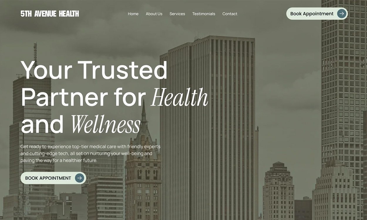 Health clinic website homepage with large text reading "Your Trusted Partner for Health and Wellness" over a NYC skyline background; navigation and appointment buttons visible.