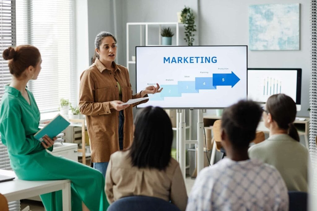 A woman presents a digital marketing strategy using a flowchart on a screen to a group of people seated in an office setting.