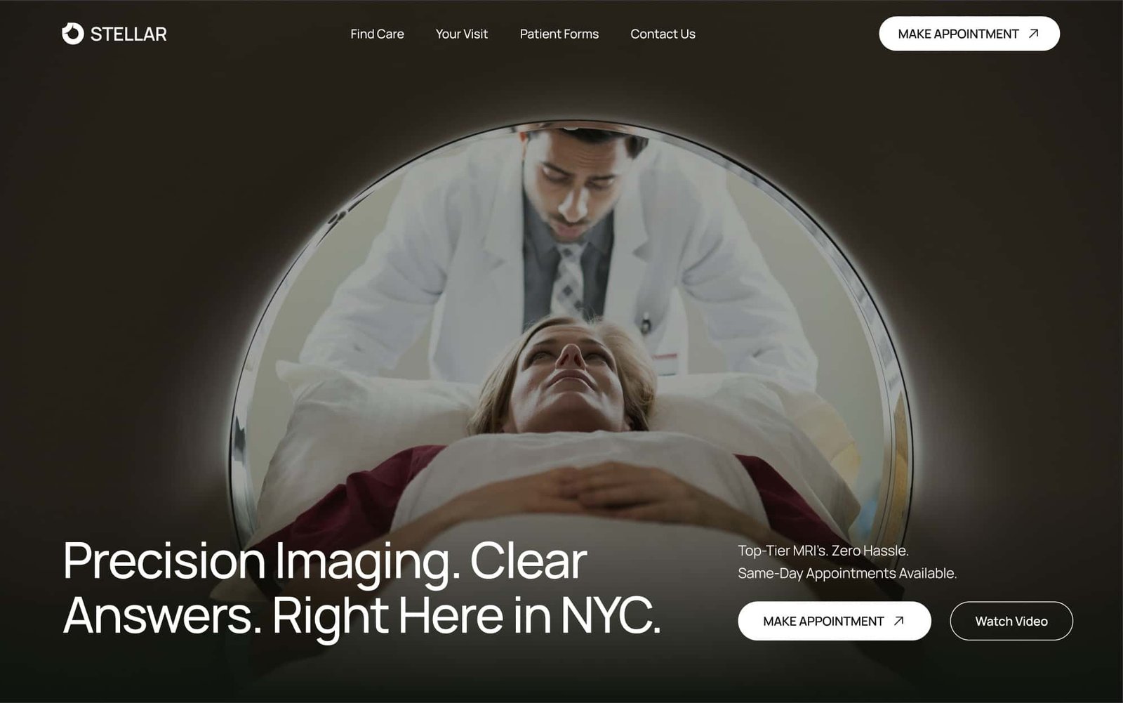 Portfolio A patient lies in an MRI scanner while a doctor stands nearby. Text on the image highlights precision imaging services in NYC—an essential addition to any medical portfolio.