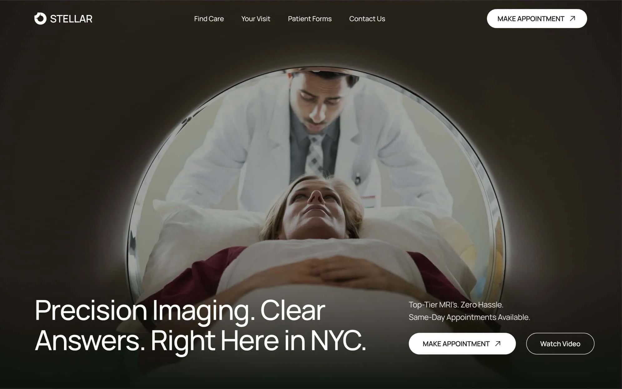 A patient lies in an MRI scanner while a doctor stands nearby. Text on the image highlights precision imaging services in NYC—an essential addition to any medical portfolio.