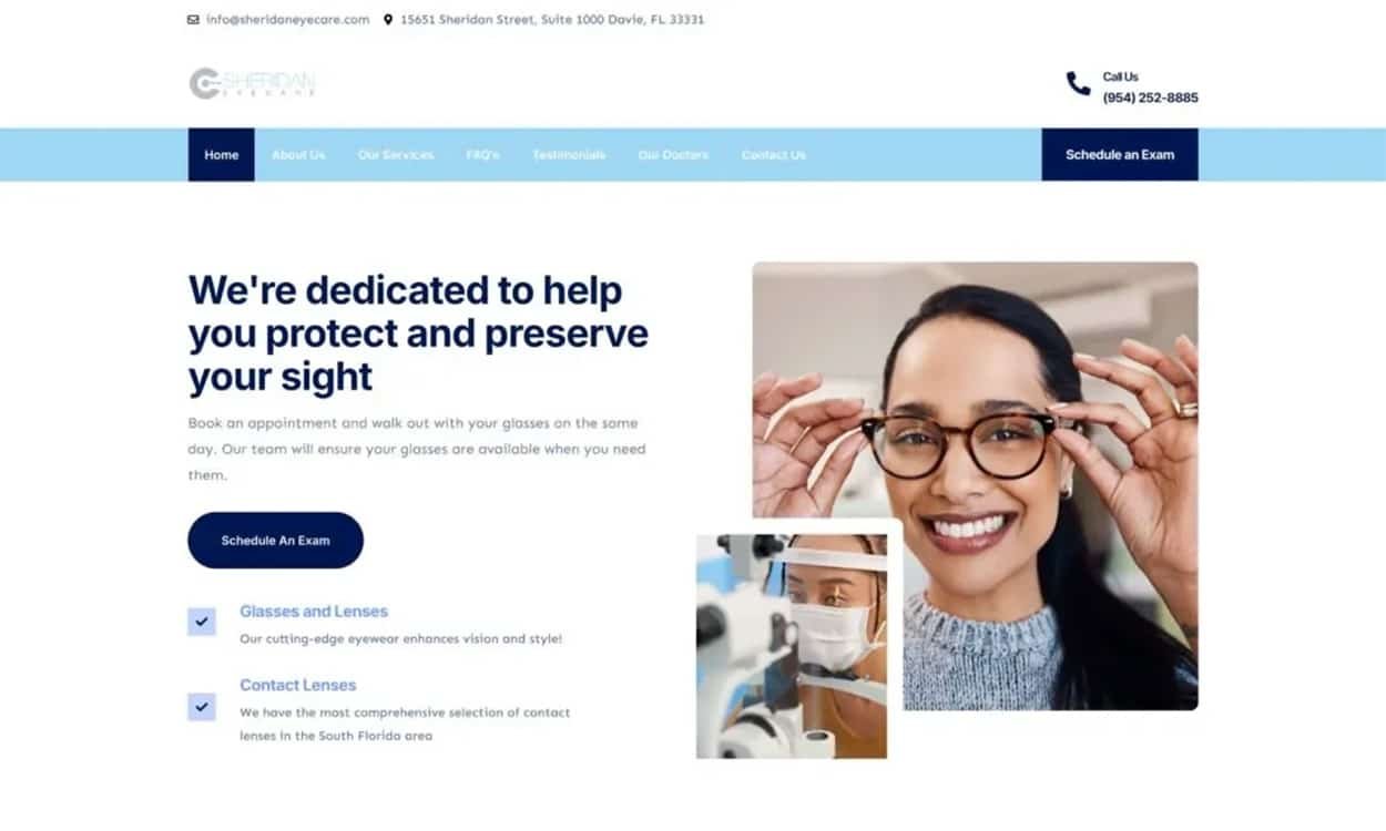 A website design for an eye care center showcases a woman trying on glasses, an eye exam in progress, and options to schedule an exam or learn about glasses and contact lenses.