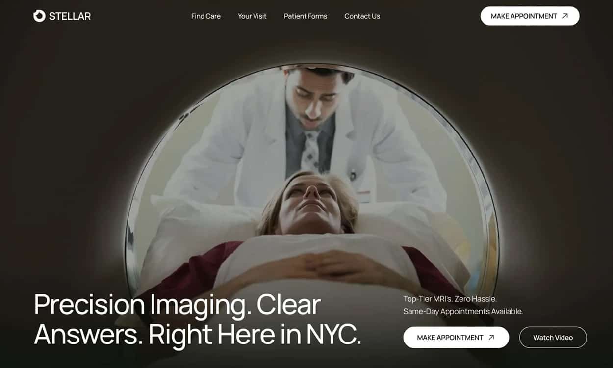 A woman lies inside an MRI machine while a doctor, focused and attentive, stands behind her in a modern medical facility designed with the precision of expert website design.