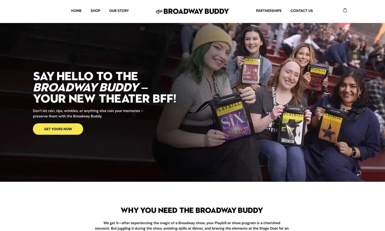 A group of smiling people sit in stadium seats, each holding a Broadway-themed Playbill binder; the website design highlights the "Broadway Buddy" Playbill organizer with inviting text for theater enthusiasts.