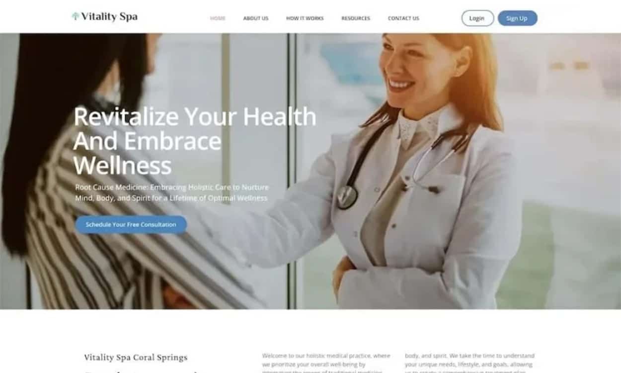 A female doctor smiles and talks to a patient at a medical spa; text reads "Revitalize Your Health And Embrace Wellness" with a button for scheduling a free consultation, all showcased within an elegant website design.