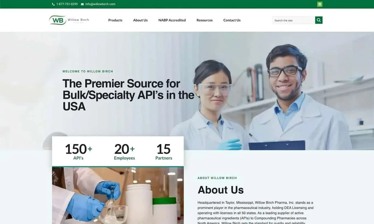 Screenshot of a pharmaceutical company website design featuring two scientists in lab coats and goggles, company overview text, and stats on APIs, employees, and partners.
