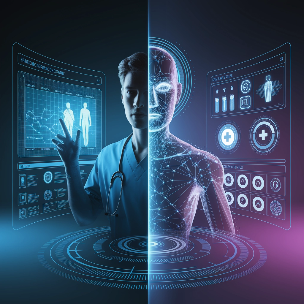 A medical professional interacts with a holographic digital interface featuring AI Overviews—a split image of a human, half real and half virtual—surrounded by futuristic medical data displays. What Are AI Overviews and Zero-Click Searches?