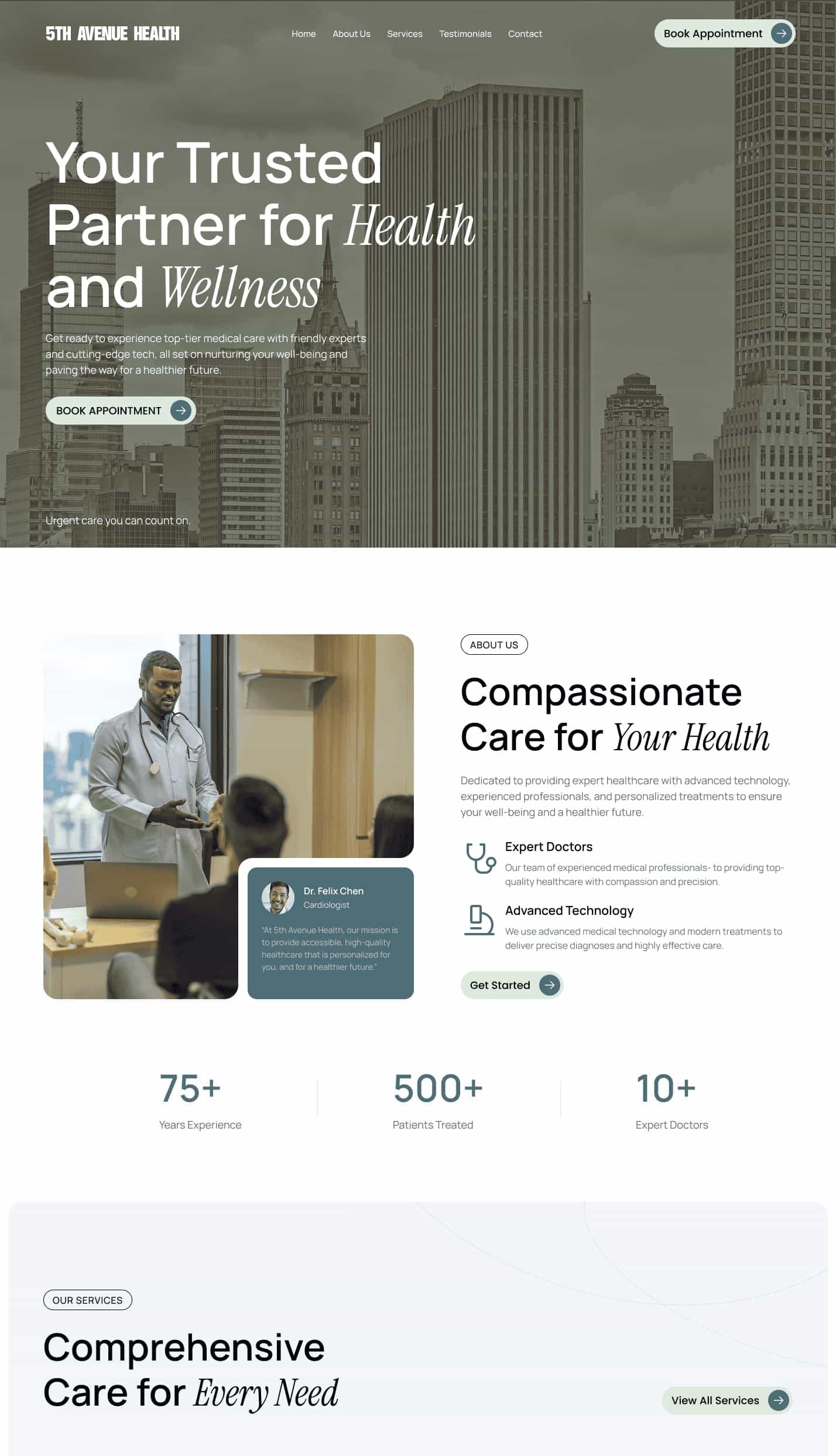 Website homepage for 5th Avenue Health featuring a modern medical clinic, with a portfolio of services, doctor profiles, patient statistics, and options to book appointments or learn more.