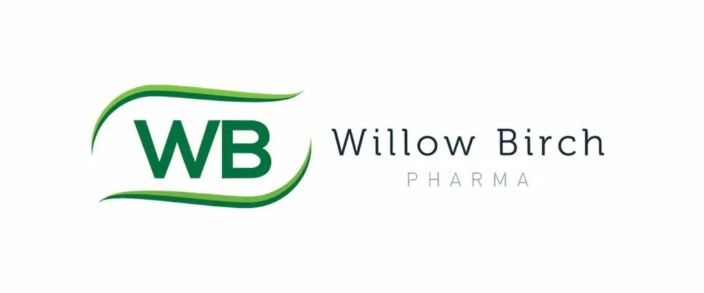 Willow Birch Pharma logo featuring "WB" in green with curved lines, and "Willow Birch PHARMA" written to the right in black and light blue text.