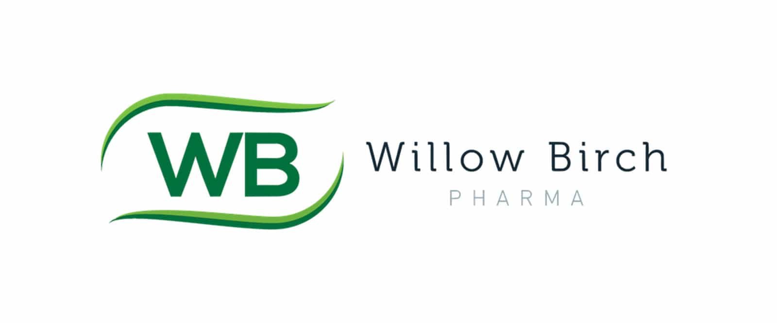 Willow Birch Pharma logo featuring "WB" in green with curved lines, and "Willow Birch PHARMA" written to the right in black and light blue text.