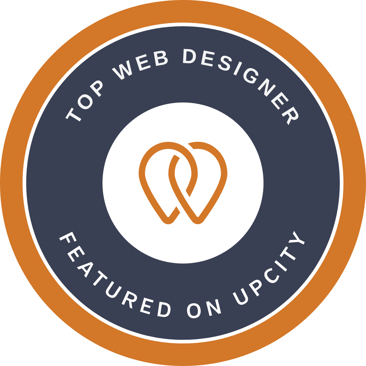 Circular badge with the text "Top Web Designer Featured on UpCity" surrounds a central abstract logo in orange, navy blue, and white, symbolizing expert consultation in web design.
