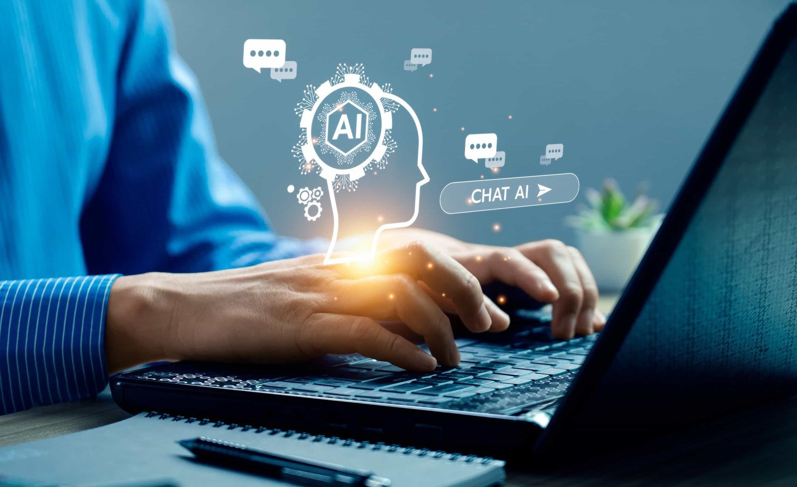 Person typing on a laptop with digital graphics representing artificial intelligence, chat bubbles, and a head silhouette labeled "AI" appearing above the keyboard.