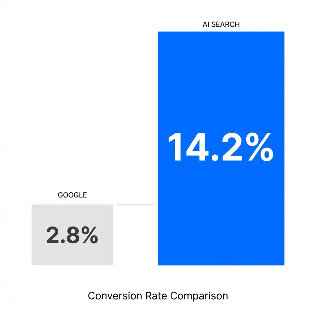 Bar chart comparing conversion rates: Google at 2.8% in gray, AI Search at 14.2% in blue. Title reads "Conversion Rate Comparison.
