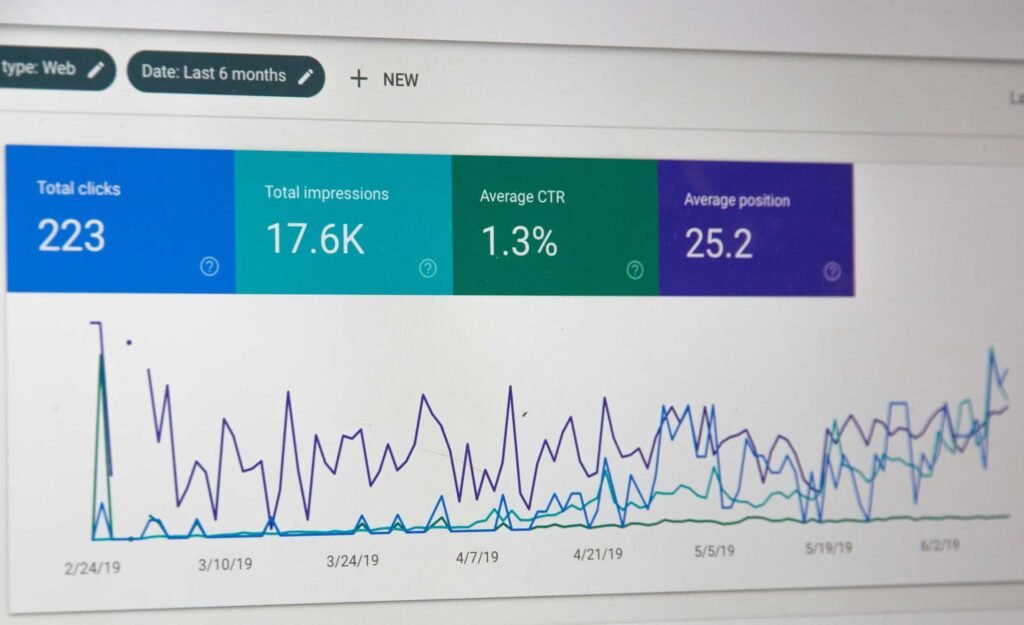 LLMS.txt Files: Debunking Myths & Traffic Impact A web analytics dashboard powered by LLMS.txt displays metrics for clicks, impressions, CTR, and position over time, with a line graph showing data trends from 2/24/19 to 6/21/19.