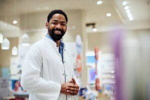 A man wearing a white lab coat stands smiling in a brightly lit pharmacy or medical store. Pharmaceutical