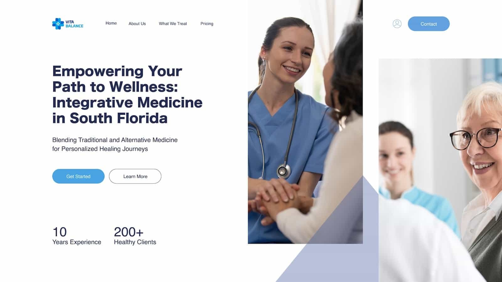 Website homepage for a wellness clinic featuring a smiling female doctor with stethoscope, another healthcare professional, and an older woman, alongside service information and navigation menu. Web Design and Development in Queens NYC