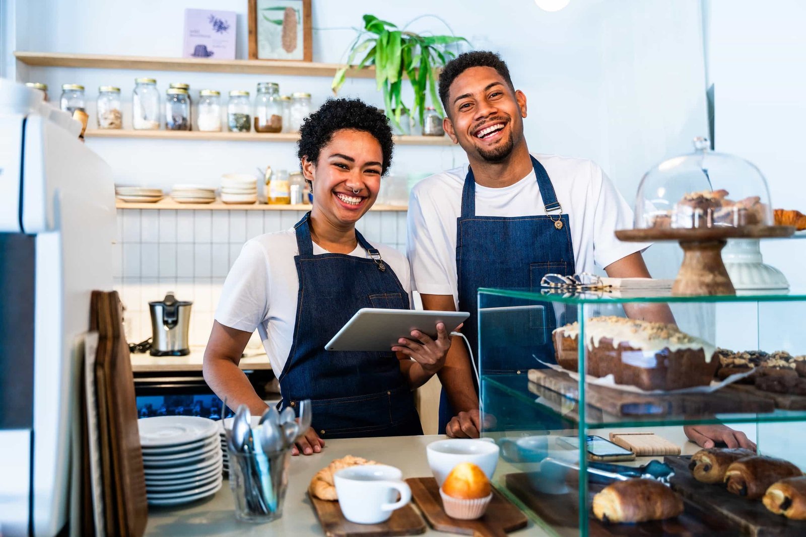 Two people in aprons stand behind a café counter with pastries and baked goods, smiling at the camera; one holds a tablet. Web Design Practices That Move the Needle for Local Service Businesses.