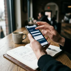 A person uses a smartphone to fill out a contact form while sitting at a table with a notebook, pen, and coffee in a café. Websites