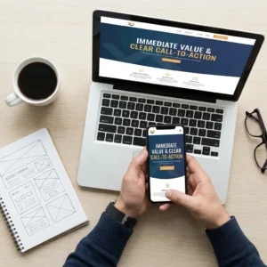 Person scrolling on a smartphone displaying a marketing website in front of an open laptop with the same site, next to a cup of coffee and a wireframe sketch notebook.