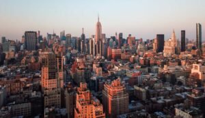 Home Aerial view of midtown Manhattan, New York City, at sunset, with the Empire State Building prominent among dense high-rise buildings and a clear sky above. NYC Web Design 2026