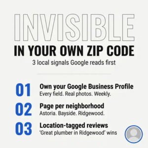 Text graphic listing three local SEO tips: 1. Own your Google Business Profile, 2. Page per neighborhood, 3. Location-tagged reviews. Title: "Invisible In Your Own Zip Code.