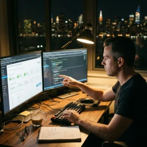 A man works at a desk with two monitors displaying code and analytics, in a room overlooking a city skyline at night. A notebook, coffee cup, and lamp are also on the desk.