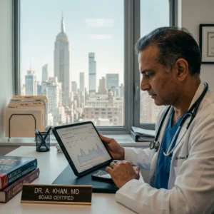 A doctor in a white coat reviews a graph on a tablet at his office desk, with medical books and a city skyline visible through the window behind him.